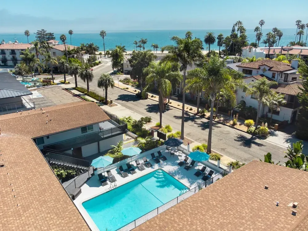 The Pacific Crest Hotel from the air, with East Beach beyond